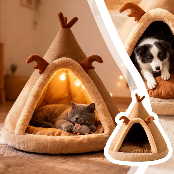 Deer Antler Teepee Pet Bed With Thick Cushion Cozy Cat Tent Bed For Indoor Small Animals(Brown-15In)