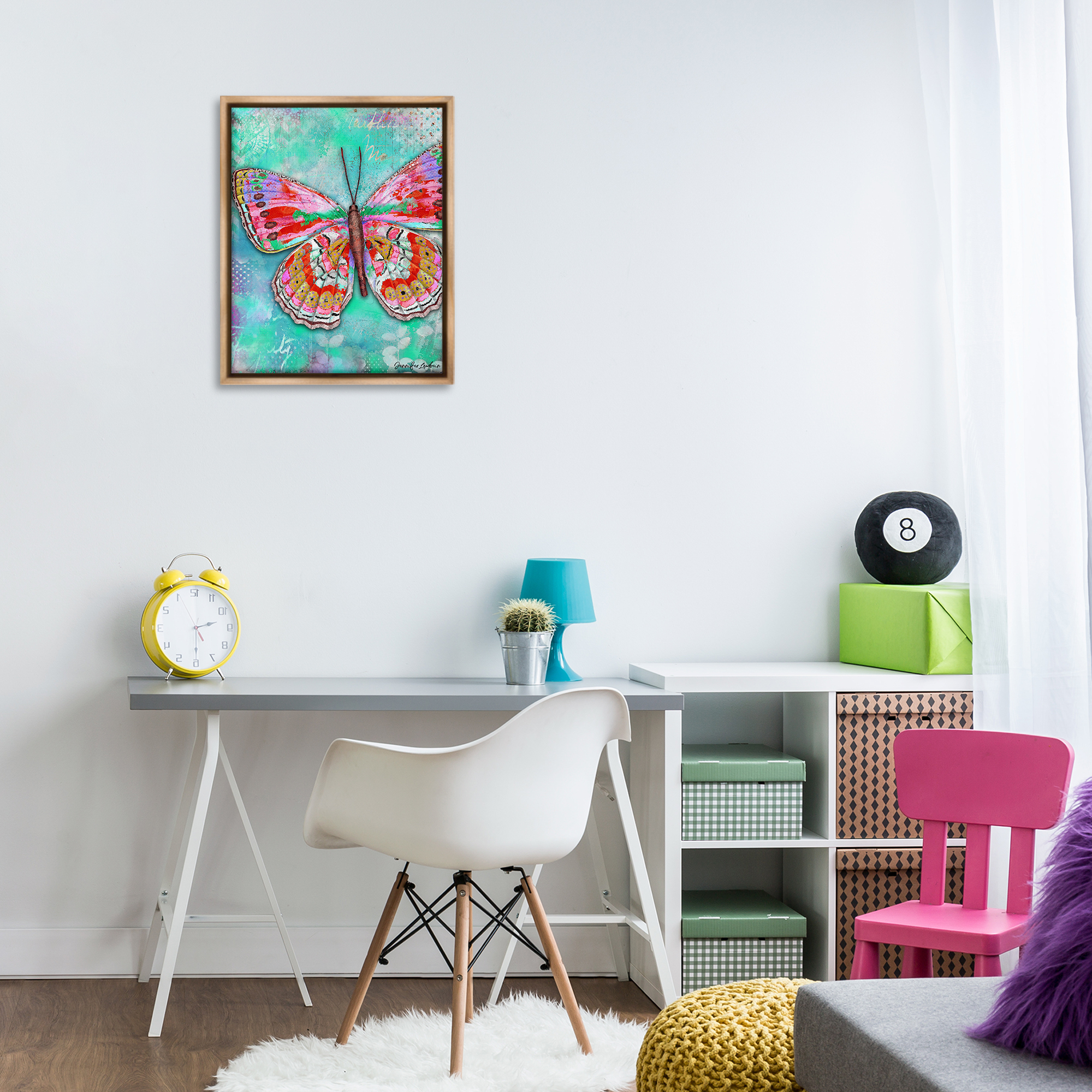Stupell Industries Cherry Mint Butterfly Animals Painting Brown Floater Framed Canvas Art Print Wall Art, 17 x 21