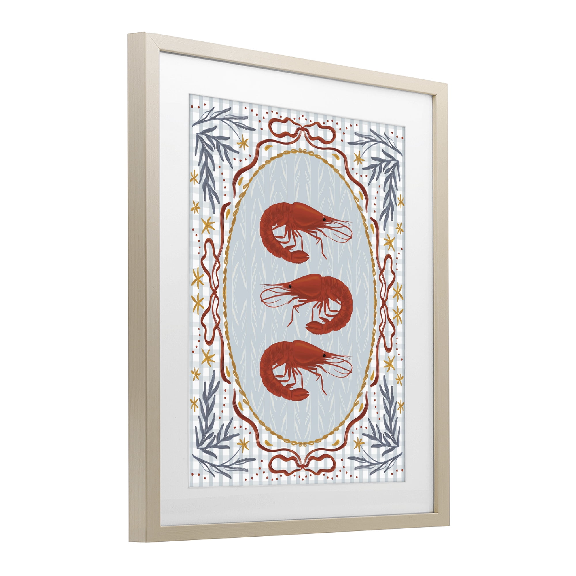 Stupell Industries Three Red Prawns on Gingham Birch Framed Print Under Glass, design by Vero Illustrates