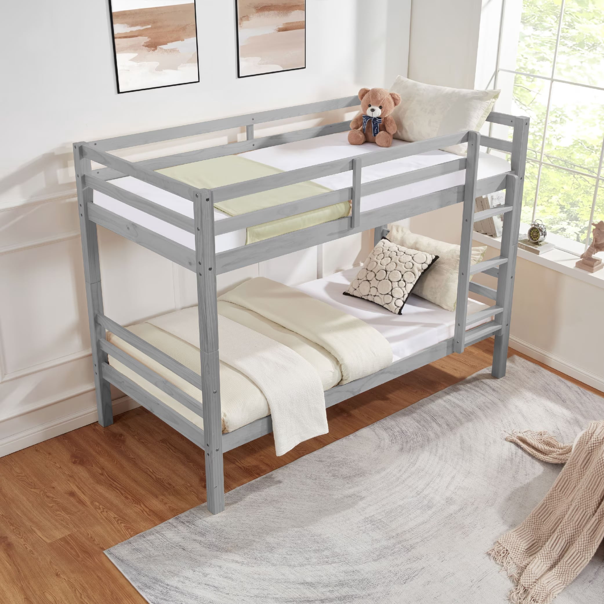 Twin Over Twin Bunk Bed, Solid Wood Bunk Bed Frame with Thick Posts, High Guardrails and Ladder, Heavy Duty Wooden Slats, No Box Spring Needed for Kids, Teens, Guest Room, Grey