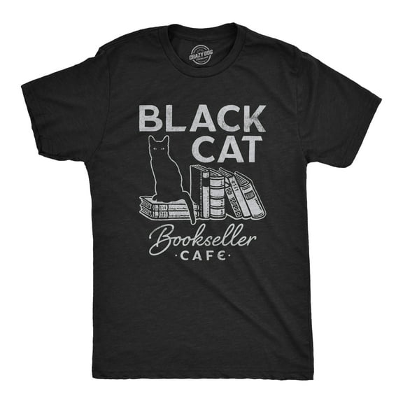 Mens Black Cat Bookseller Cafe T Shirt Funny Halloween Book Lovers Novelty Tee for Guys Graphic Tees