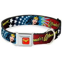 DC Comics Pet Collar, Dog Collar Metal Seatbelt Buckle, Wonder Woman Face Stars, 9.5 to 13 Inches 1.0 Inch Wide
