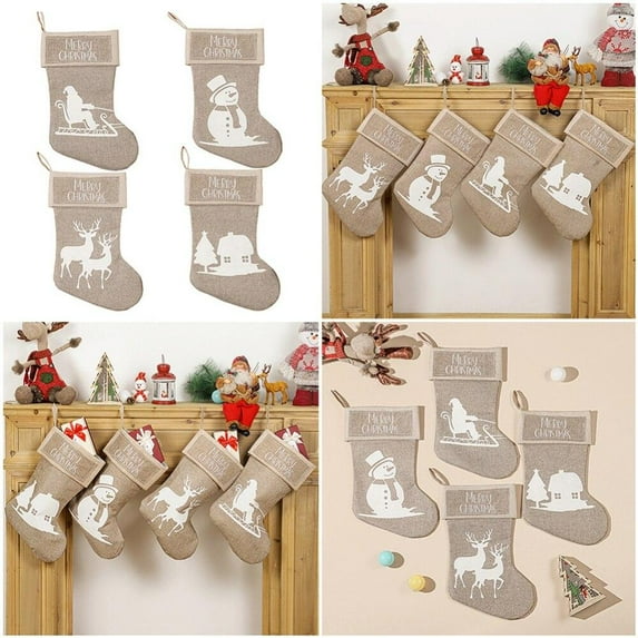 Overfox Christmas Snowman Santa Elk Bear Printing Xmas Candy Gift Bag Christmas Stockings Socks Fireplace Xmas Tree Decoration