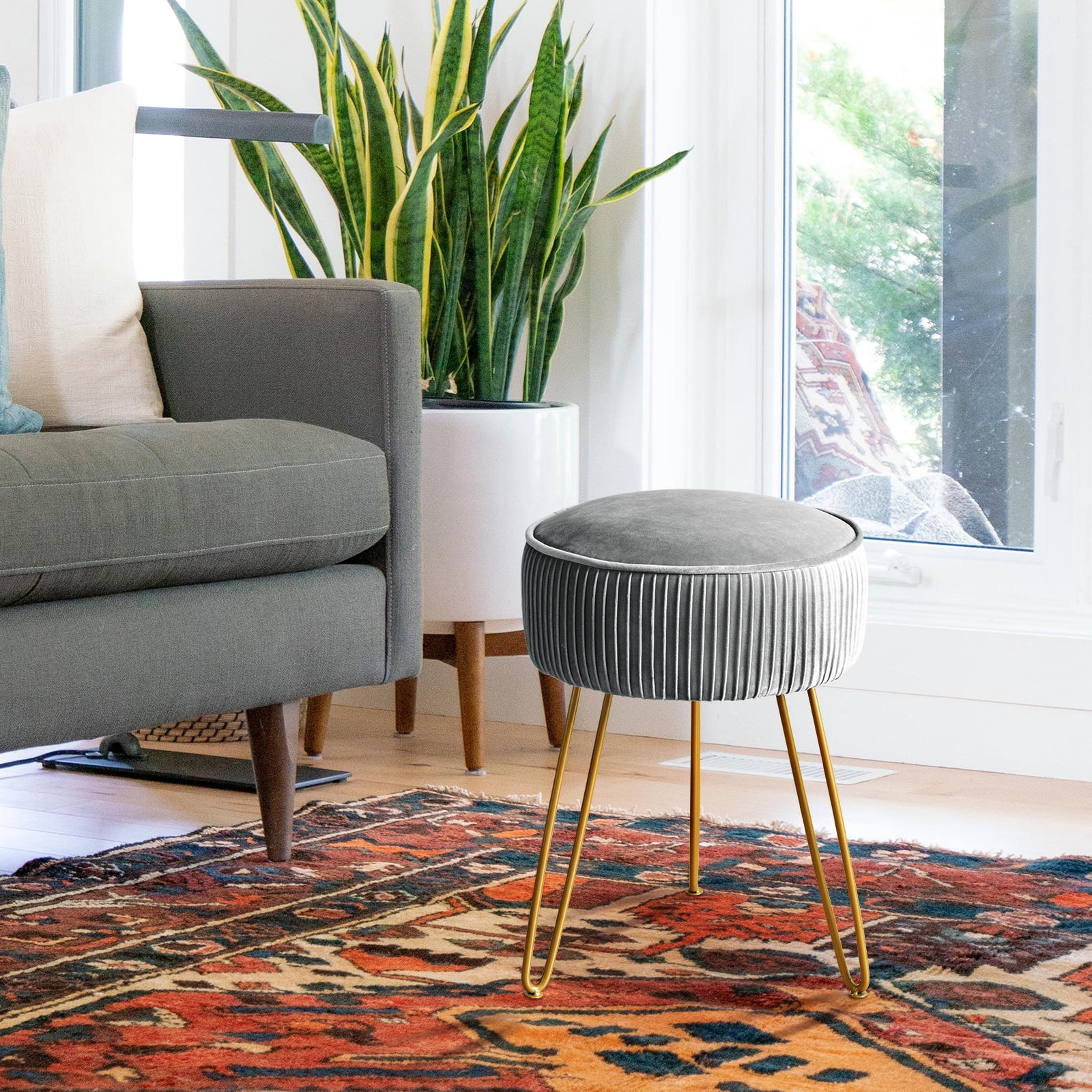 Dycanpo Gray Vanity Stool Vanity Chair with Velvet Upholstered, Metal Legs for Living Room, Adult