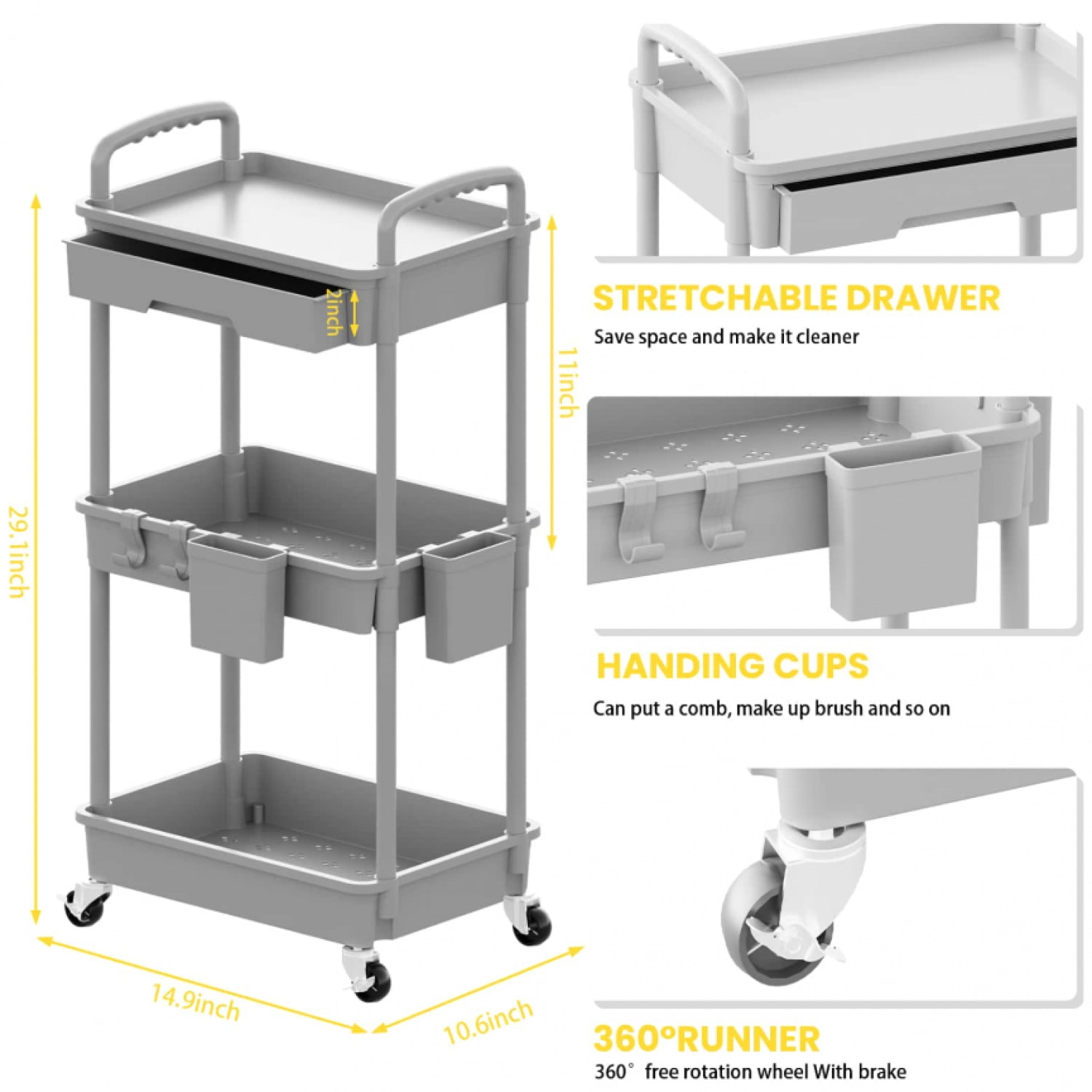 NTGFU 3 Tier Rolling Storage Cart with Drawers Rolling Utility Cart with Drawers,Room Decor,Bathroom Decor,Rolling Utility Cart Rolling Storage Organizer Tool for Kitchen,Light Grey
