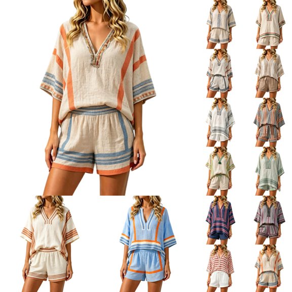 TGPMGRZ Women's 2026 Summer Boho 2 Piece Linen Vacation Outfits Loose V Neck Top Elastic Waist Casual Shorts Matching Set