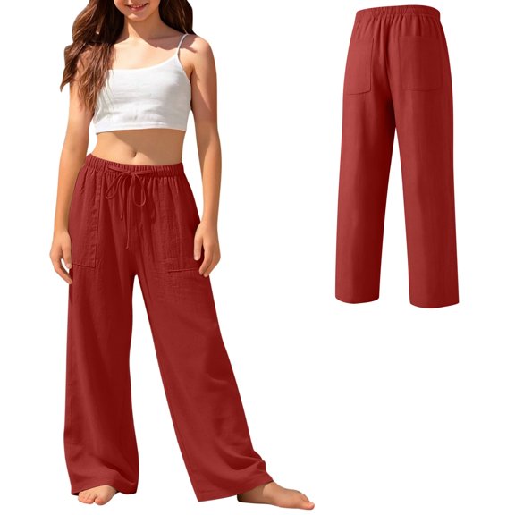 Girls Wide Leg Pants Flowy Palazzo Pants for Girls Kids Linen Trousers Brick Red Loose Fit Spring Summer Casual Beach Travel 6-7 Years