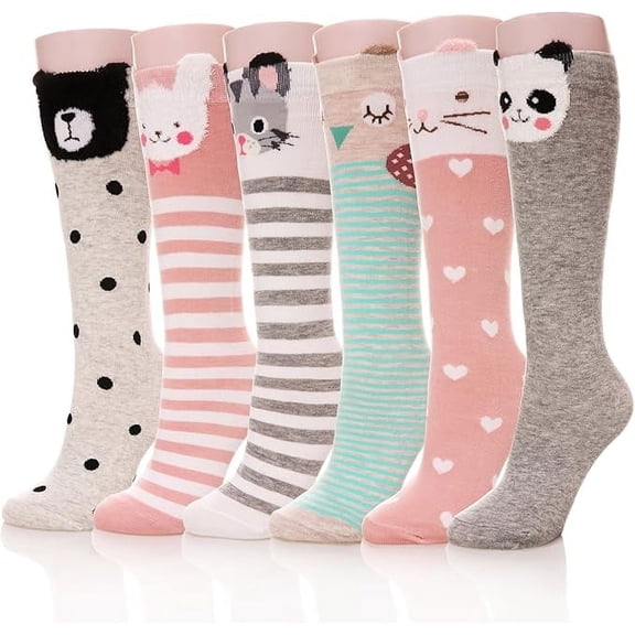 6 pcs Girls Knee High Socks Kids Long Boot Socks Cozy Fun Animal Warm Cotton Socks