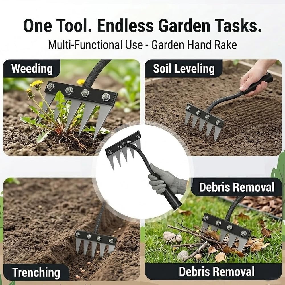 5/6/7/8 Teeth Carbon Steel Garden Weeding Rakes,Heavy-Duty Garden Weed Puller Tool for Lawn Yard Gardens Farm