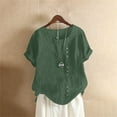 thumbnail image 4 of Women's Short Sleeve T-Shirt, Linen Blend Round Neck Blouse, Button Down Hem Casual Top, Solid Color Pullover for Everyday Wear, 4 of 6