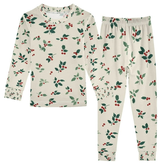 Boys Pajamas Girls Pajama Holly Leaves and Berries Cute Comfortable Cotton Two-piece Pajama Set