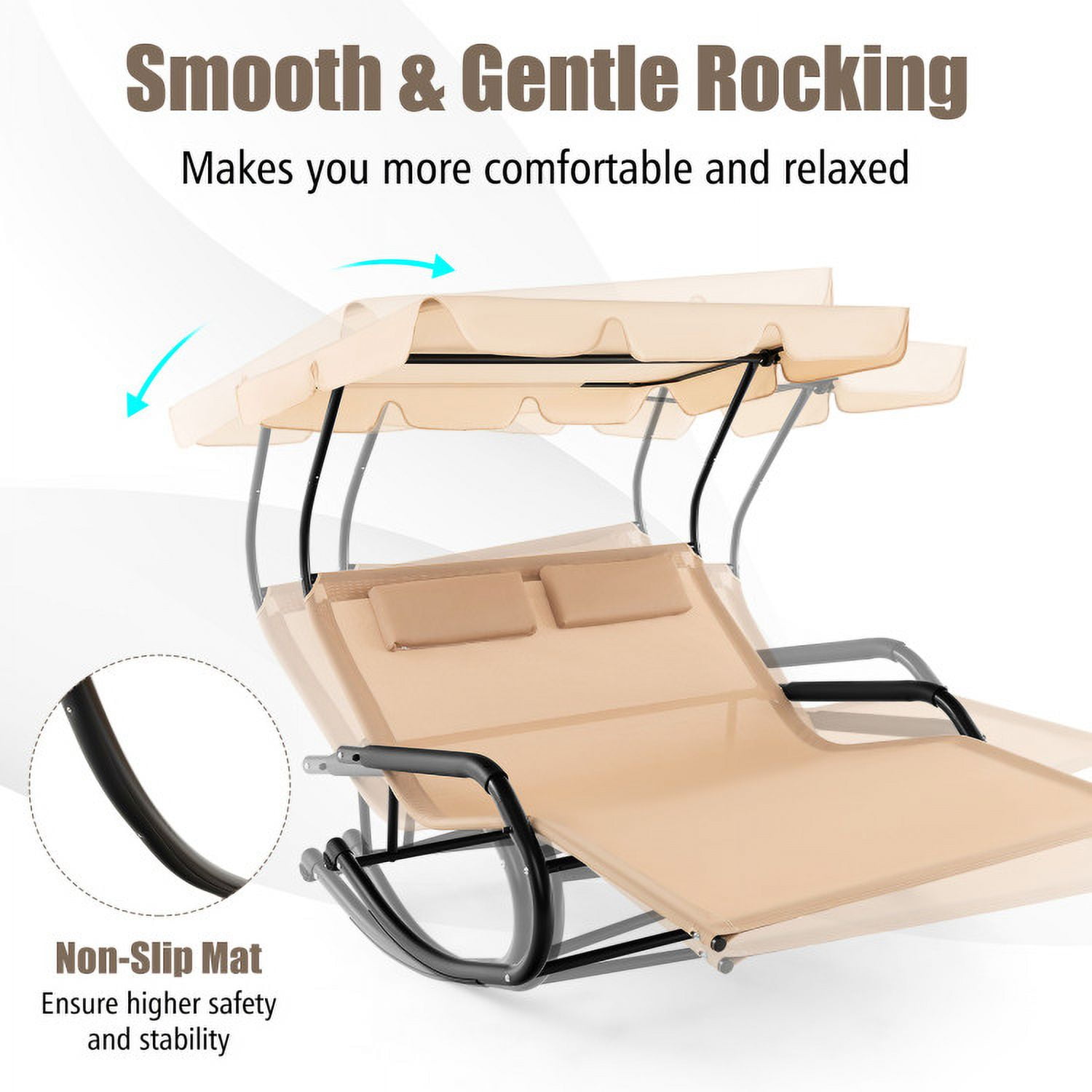 Aimee Lii Outdoor Double Rocking Chair with Awning, Patio Rocker Chair for Lawn, Porch and Garden, Beige Aimee Lii Outdoor Double Rocking Chair with Awning, Patio Rocker Chair for Lawn, Porch and Garden, Beige