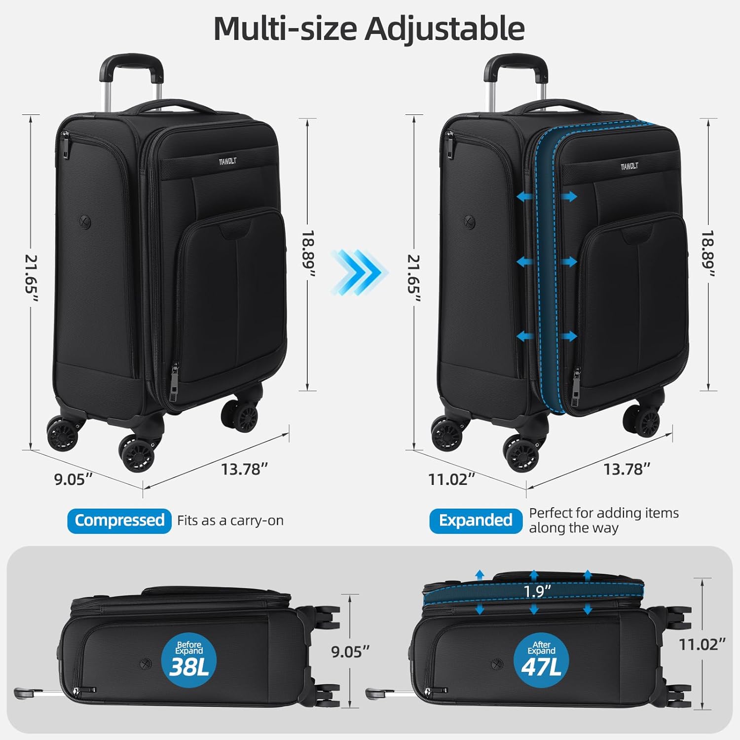 TIAWOLT Carry on Luggage with Spinner Wheels 20-Inch ,Lightweight Expandable Suitcase Softside Rolling Luggage with TSA Lock for Women Men-Black
