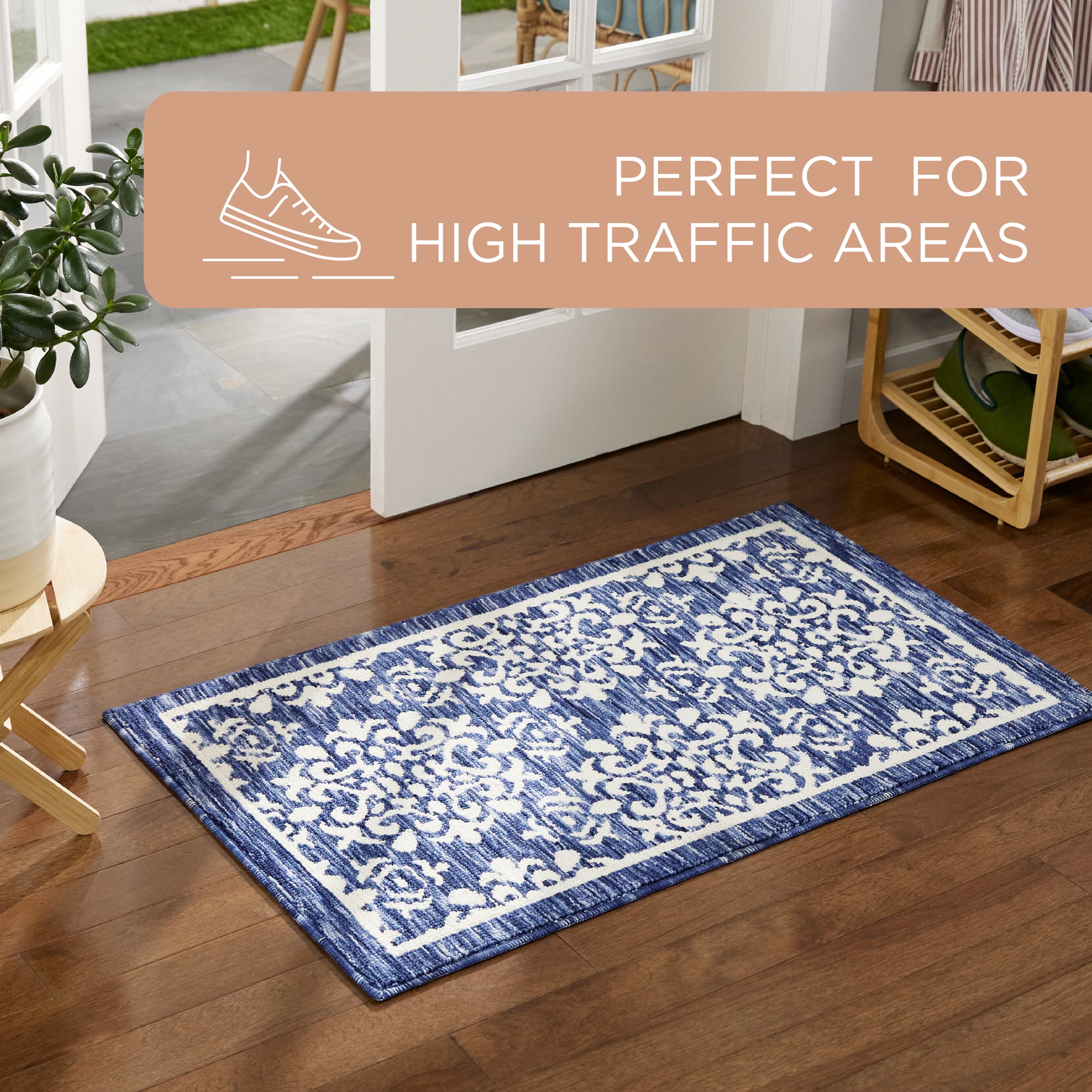 TOWN & COUNTRY EVERYDAY Walker Damask Medallion Everwash® Washable Multi-Use Decorative Rug with Non-Slip Backing, Navy Blue, 24"x40"