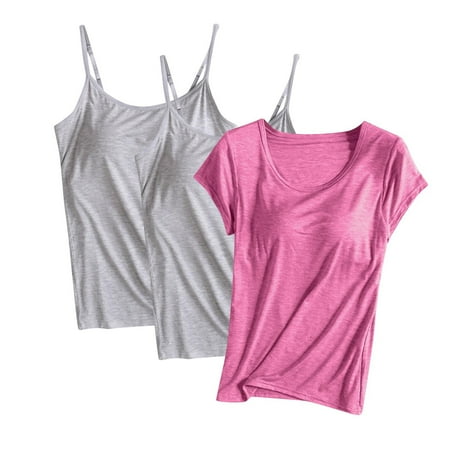 qolati 3 Pack Built-in Bra Tank Tops for Women Soft thin Adjustable Spaghetti Strap Camisole Undershirt Short Sleeve Padded Active Strap Workout Shelf Bra Tank Top Summer Clearance Hot Pink L