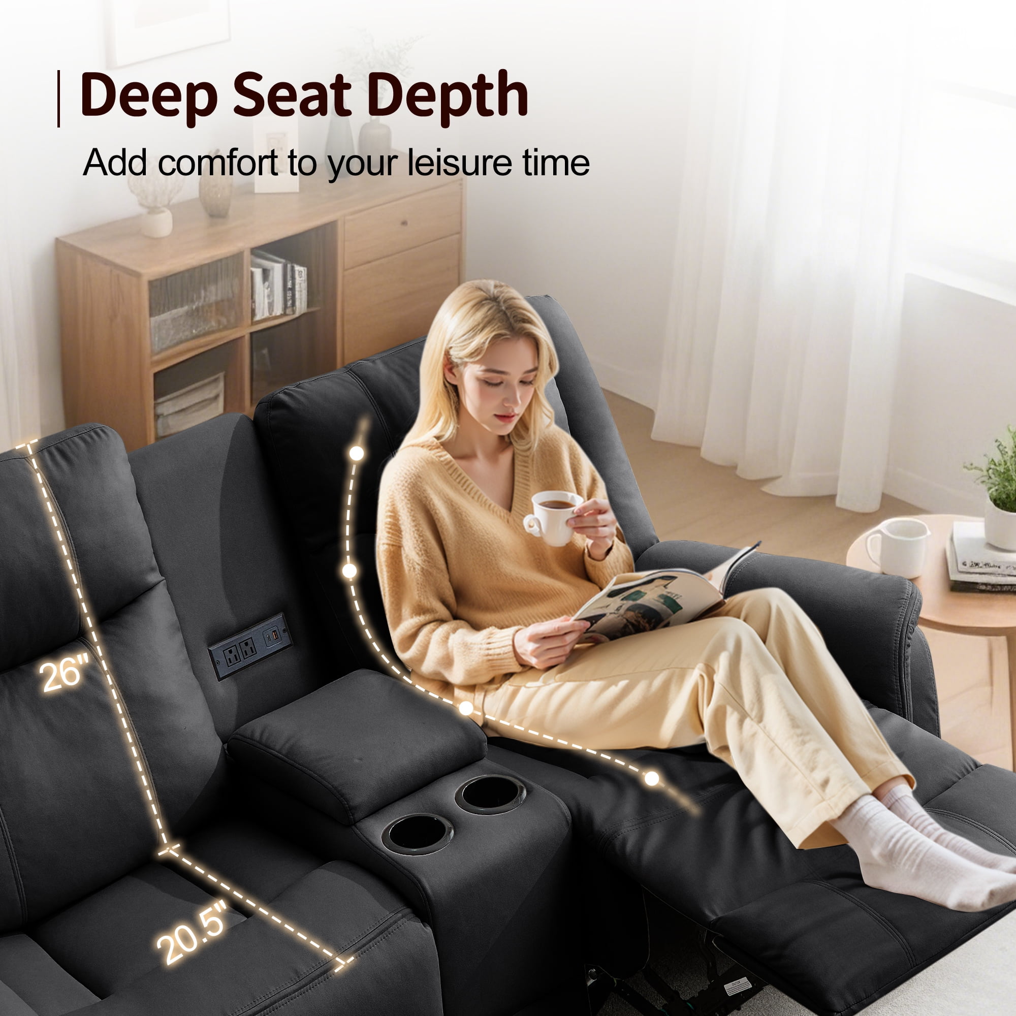 Korser 2-Seater Loveseat Recliner, Reclining Sofa with USB Ports, Cup Holders for Home Theater,Black