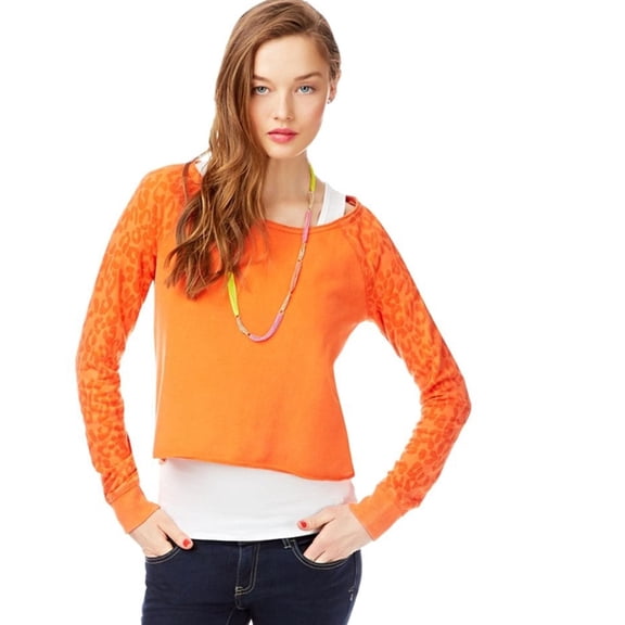 Aeropostale Womens Leopard Shoulders Basic T-Shirt, Orange, Juniors, Large