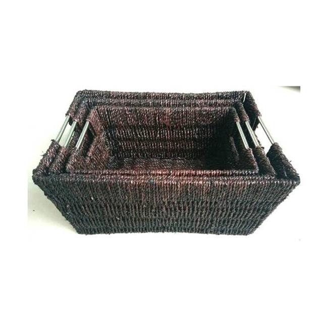 Brown Seagrass Baskets With Metal Handles Small