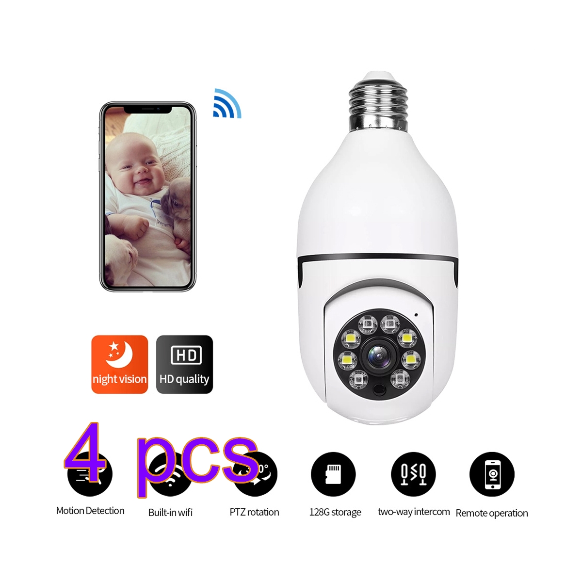 ALFANEXT 4PCs 360° 1080P IP E27 Light Bulb Camera WiFi Home Security