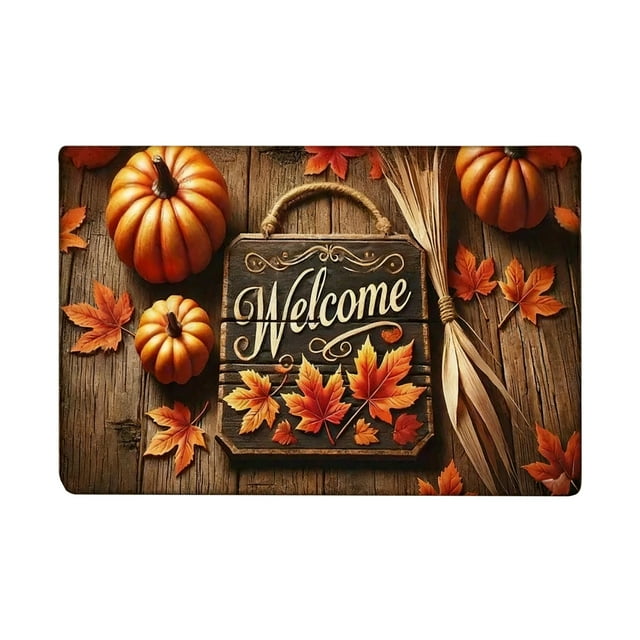 Fall Door Mat,Maple Leaf Entry Door Welcome Doormat, Pumpkin Design Thanksgiving Halloween Mat