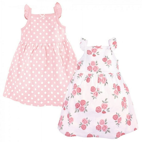 Hudson Baby Infant and Toddler Girl Sleeveless Cotton Dresses 2pk, Soft Pink Roses, 0-3 Months