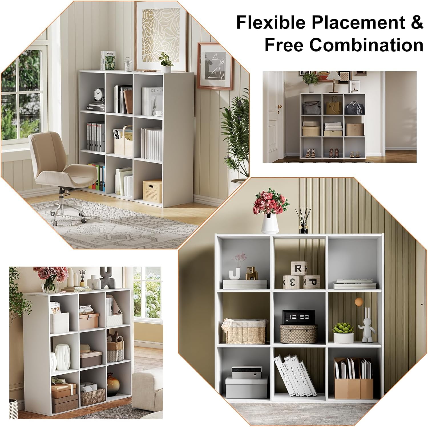 White Cube Storage Unit, 3-tier Bookcase with 9 Cube Storage Unit, Open Display Bookcase with Removable Back Panels for Living Room, Home Office, Bedroom