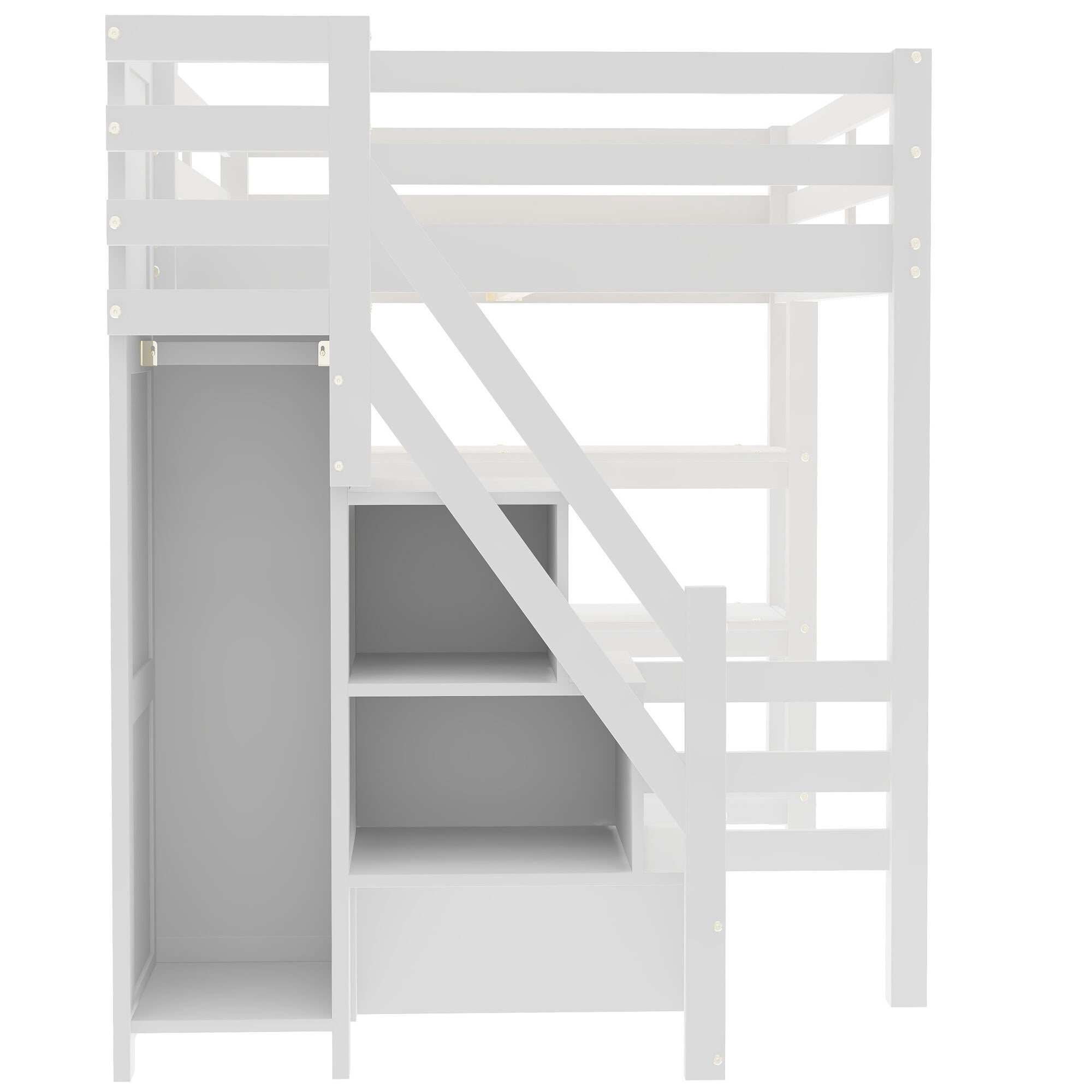 Euroco Wood Full Size Loft Bed with Storage Staircase and Shelves, LED Light and Wardrobe for Kids, White