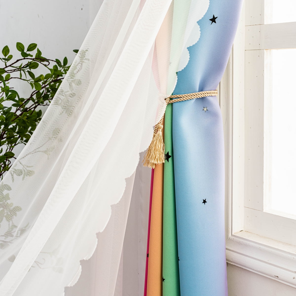 Anjee Blackout Curtains for Kids Girls Bedroom Curtain,Star Curtain Dual Layer Curtains with Sheer 2 Panel Set,52" x 63",Rainbow Color