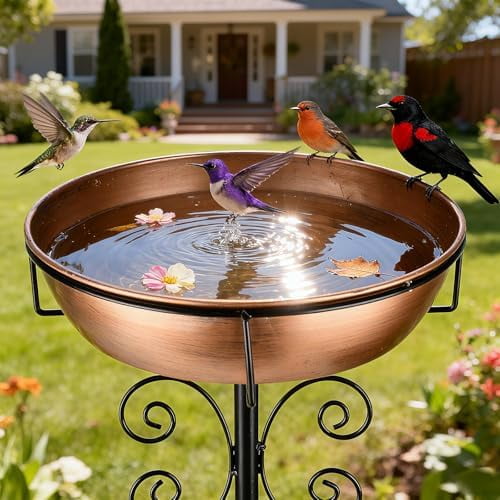 3" Deep 43" Tall Metal Bird Bath for Outdoors, 12" Dia Removable Bird Baths Water Bowl for Outside, Vintage Standing Birdbaths with Stable Stake for Garden Yard Lawn Decor 1.4 Gallon$$Garden & Patio