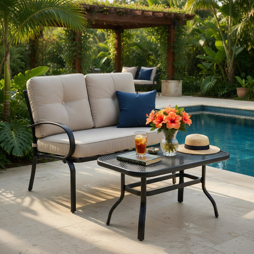Hommoo 2-Piece Outdoor Patio Furniture Set, Cushioned Loveseat & Coffee Table with 4" Thick Cushions, Steel Frame, Easy-Clean Olefin Fabric, Beige