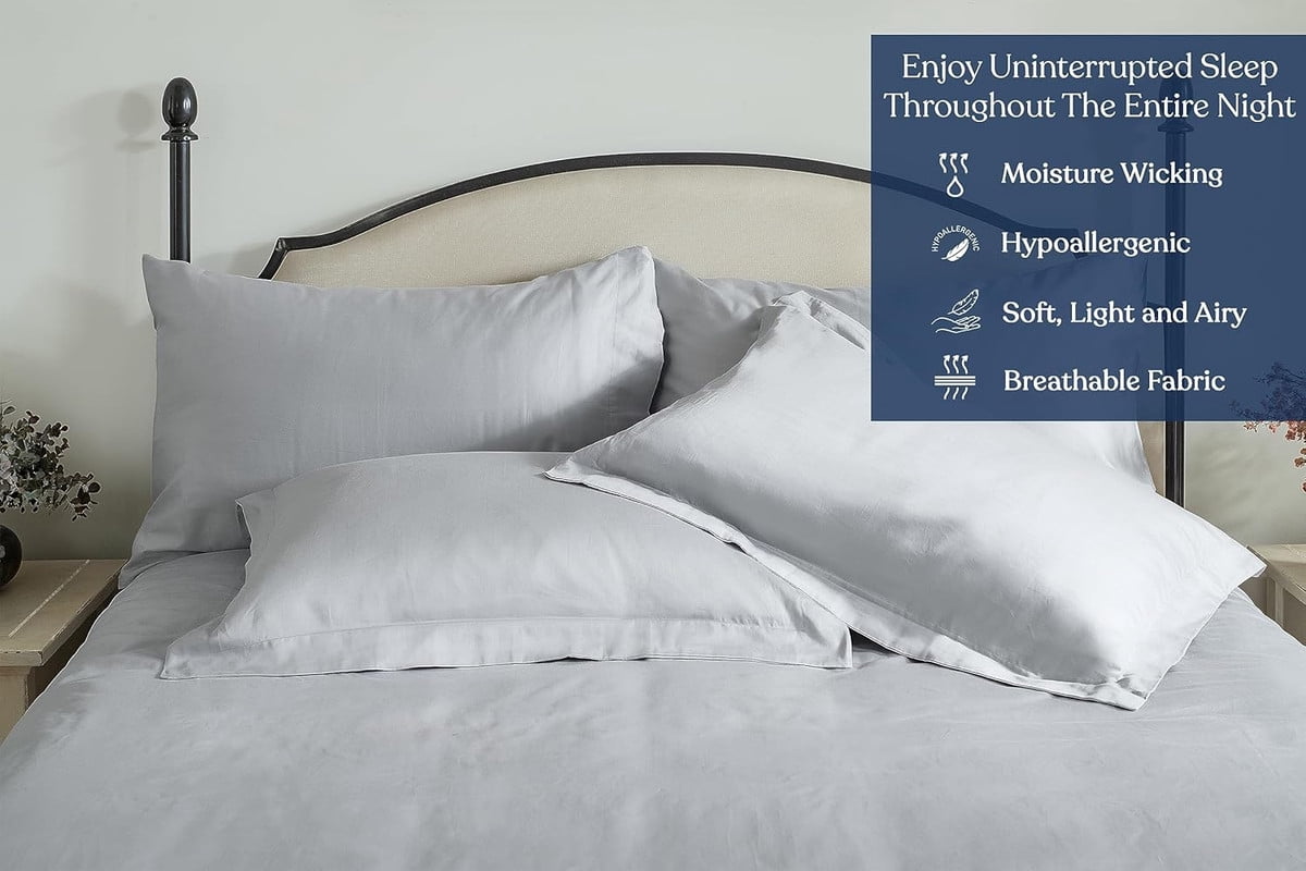 Delara 400TC Organic Cotton Queen Sheet Set, GOTS Certified, Ultra Soft Long Staple, Deep Pocket, Breathable & Silky, Light Grey
