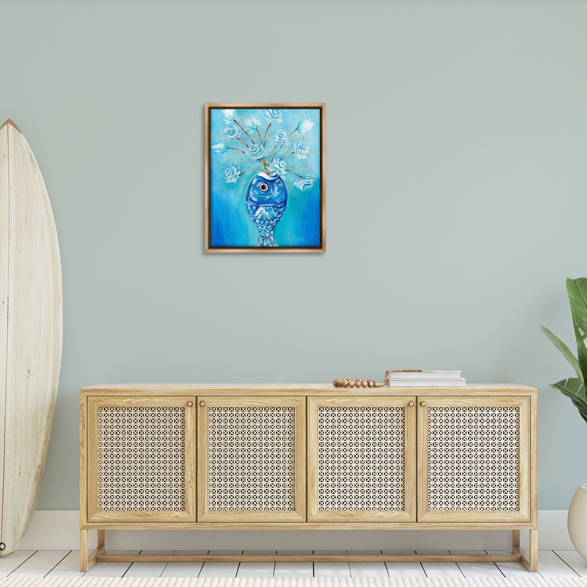 Stupell Industries Fish Vase Bouquet Botanical & Floral Painting Brown Floater Framed Art Print Wall Art, 25 x 31