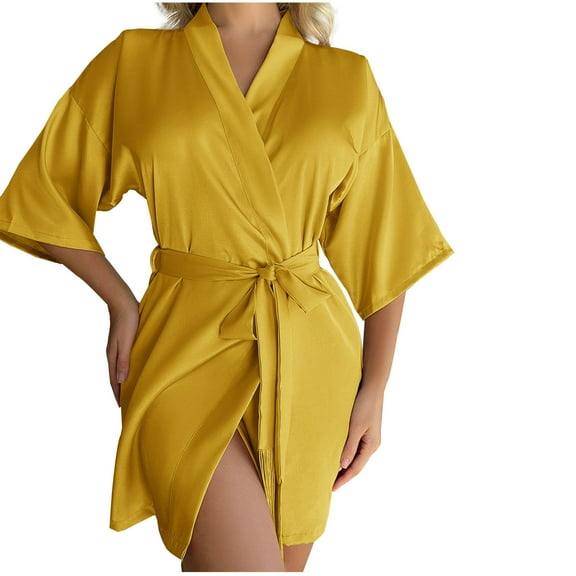 XuJwPNcy Women's Satin Robe Silk Bathrobe with Belt Wedding Guest Party Robes 3/4 Bell Sleeve Sleepwear