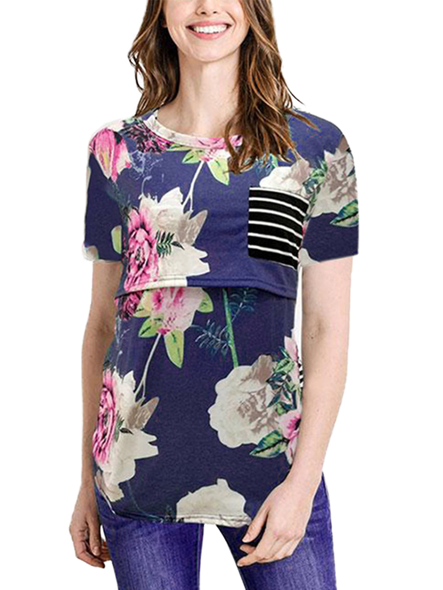Wodstyle - Women's Floral Maternity Shirt Short Sleeves Loose Nursing Breastfeeding Tops 