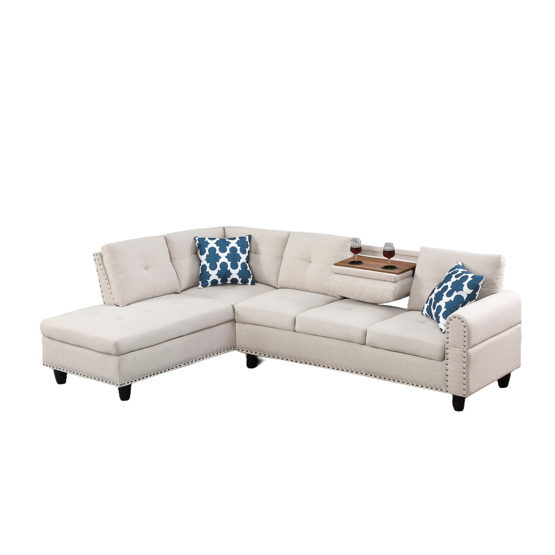 Hommoo L-Shaped Upholstered Sectional Sofa Couch with Storage & Cup Holders, Linen Living Room Sofa Set, No Ottoman, Beige