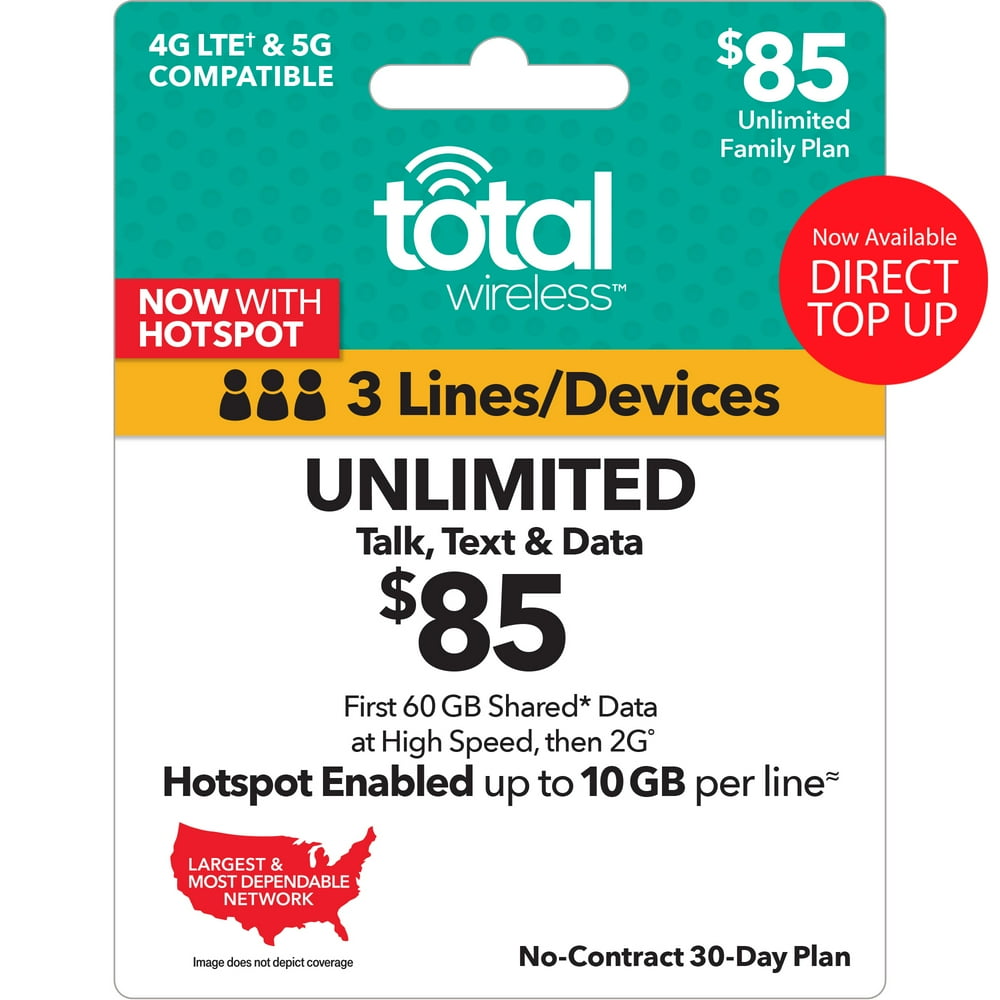 Total Wireless 85 Unlimited Family 30Day 3 Lines Prepaid Plan (First