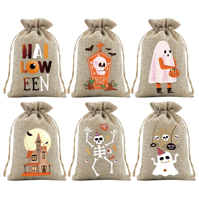 WHEANG 6pcs Halloween Candy Bags Rustic Burlap Candy Bags Reusable Jute Candy Bags With Perfect For Halloween Trick Or Treating Kids' Halloween Candy Bags