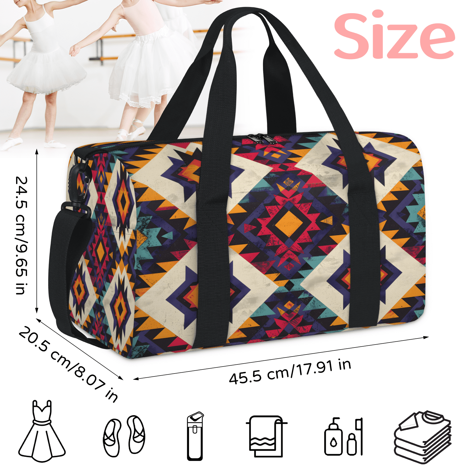 Herdesigns Western Aztec Gym Bag for Women, Duffle Bag for Travel Sport, Lightweight Waterproof Carry on Weekender Overnight Dance Yoga Workout Bags