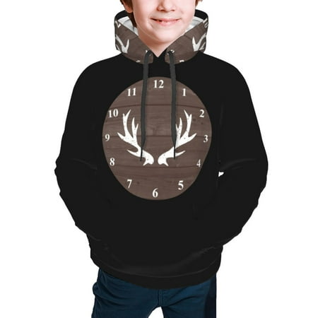 Vintage Rustic Hunting Deer Antler Wood Boys Sweatshirt Casual Pullover Tops with Pocket Hoodie Girls Long Sleeve Hoody for Kids Medium