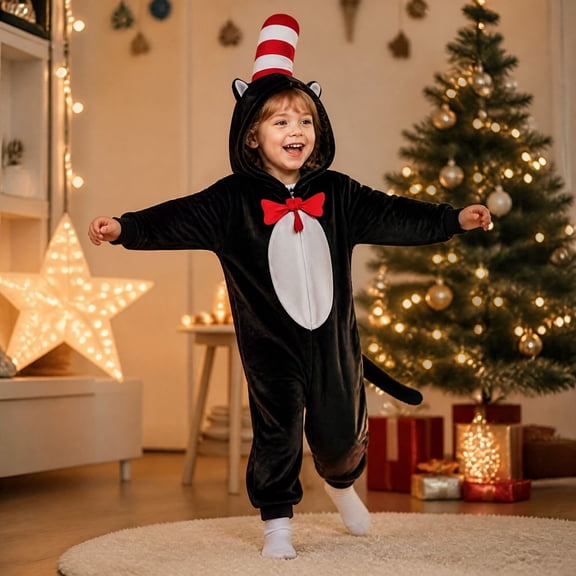 Cat Hat Costume Storybook Cat Onesie, Halloween Hooded Jumpsuit with Red Striped Hat & Bow Tie