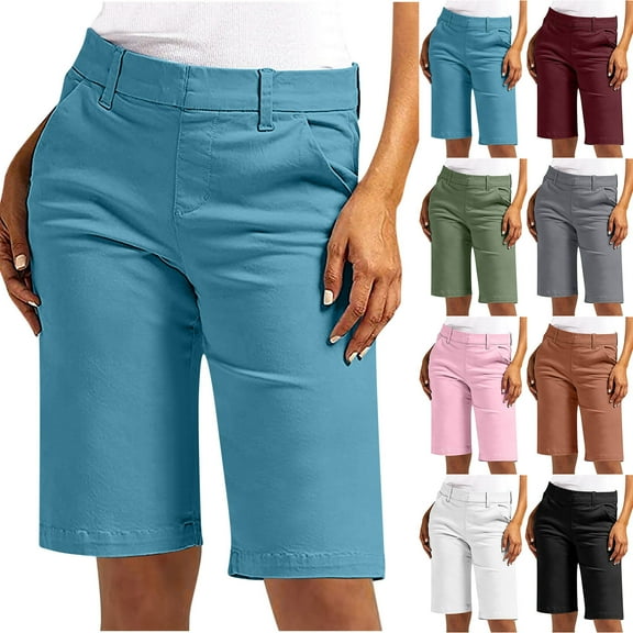 Qzwdhjm Chino Bermuda Shorts for Women Elastic Waist Knee Length Dress Shorts Solid Loose Fit Pants Business Casual Shorts with Pocket