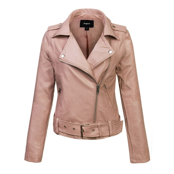 KOGMO Womens MOTO PU Vegan Leather Jacket with Belt