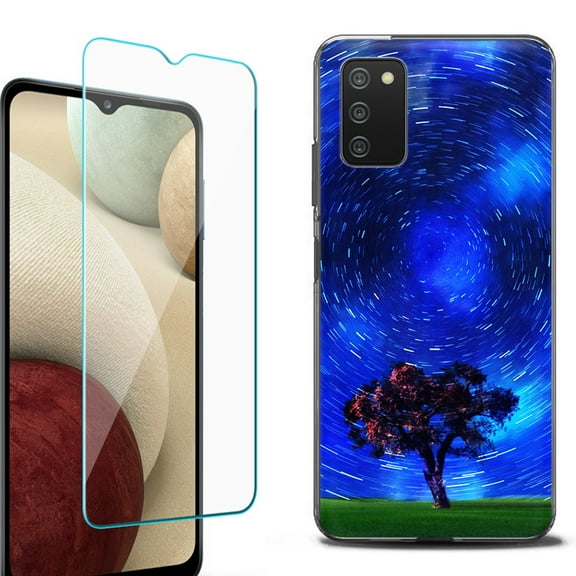 Slim-Fit Protective Fashion Phone Case (Black) for Samsung Galaxy A03s, with Tempered Glass Screen Protector, by OneToughShield ® - Star Trails Tree