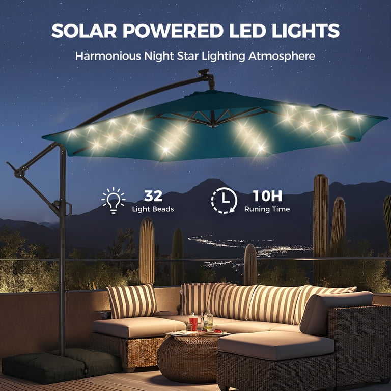 10 feet patio umbrellas Patbrela 10ft Offset Patio Umbrella with Base, Cantilever Hanging Outdoor  Umbrella with Solar Light Strips, Tilt Adjustment, Market Umbrella for  Yard,