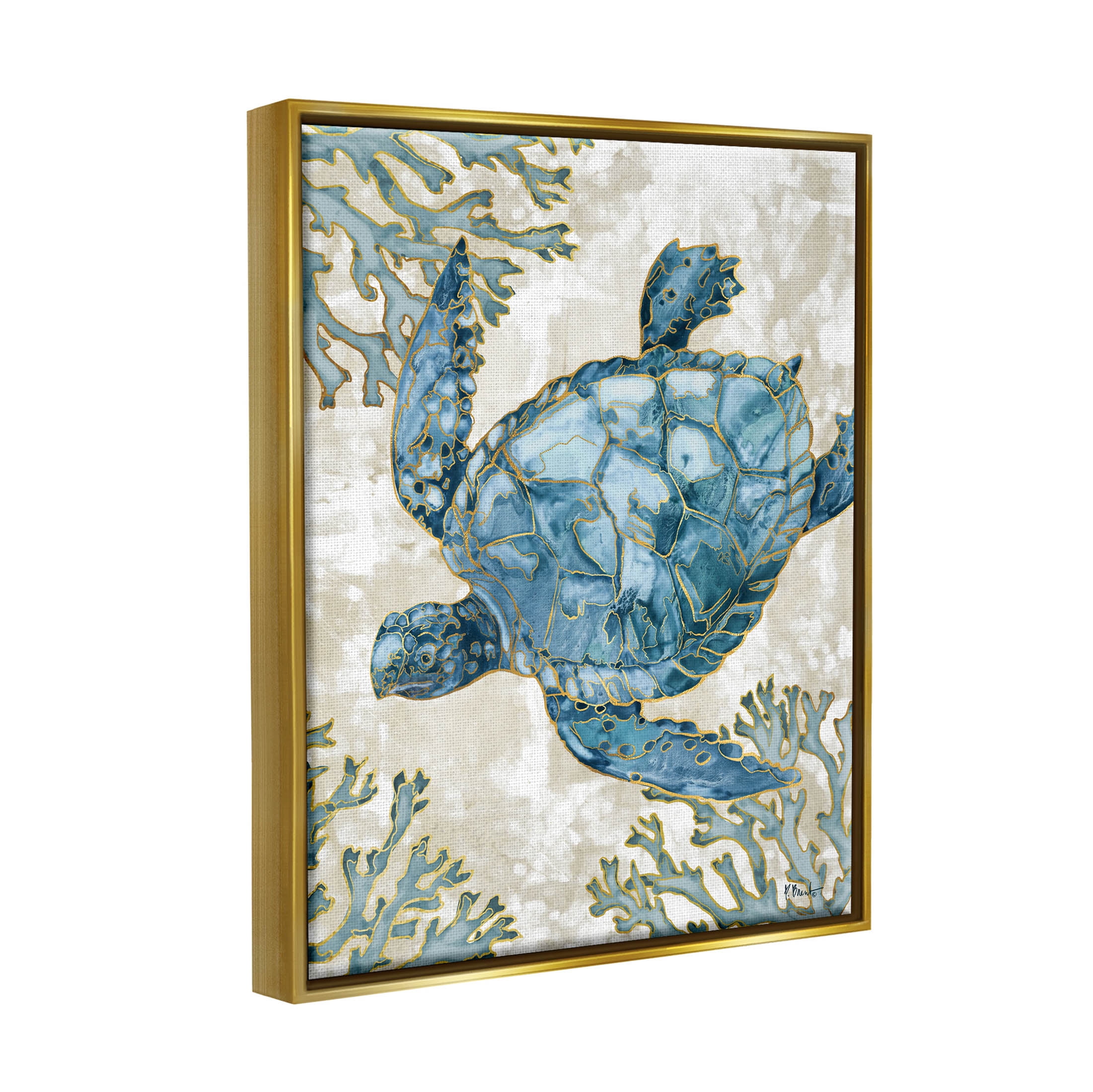 Stupell Industries Sea Turtle Swimming Playa Sealife Graphic Art Metallic Gold Floating Framed Canvas Print Wall Art, Design by Paul Brent