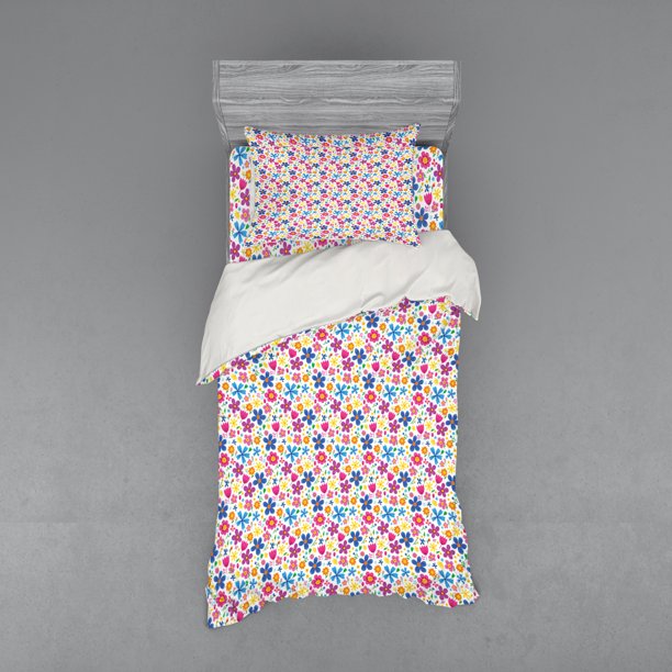 Floral Duvet Cover Set Cartoon Design Funny Spring Thrill Pattern With Flower Petals Garden Bedding Set With Shams And Fitted Sheet 3 Sizes By Ambesonne Walmart Com Walmart Com