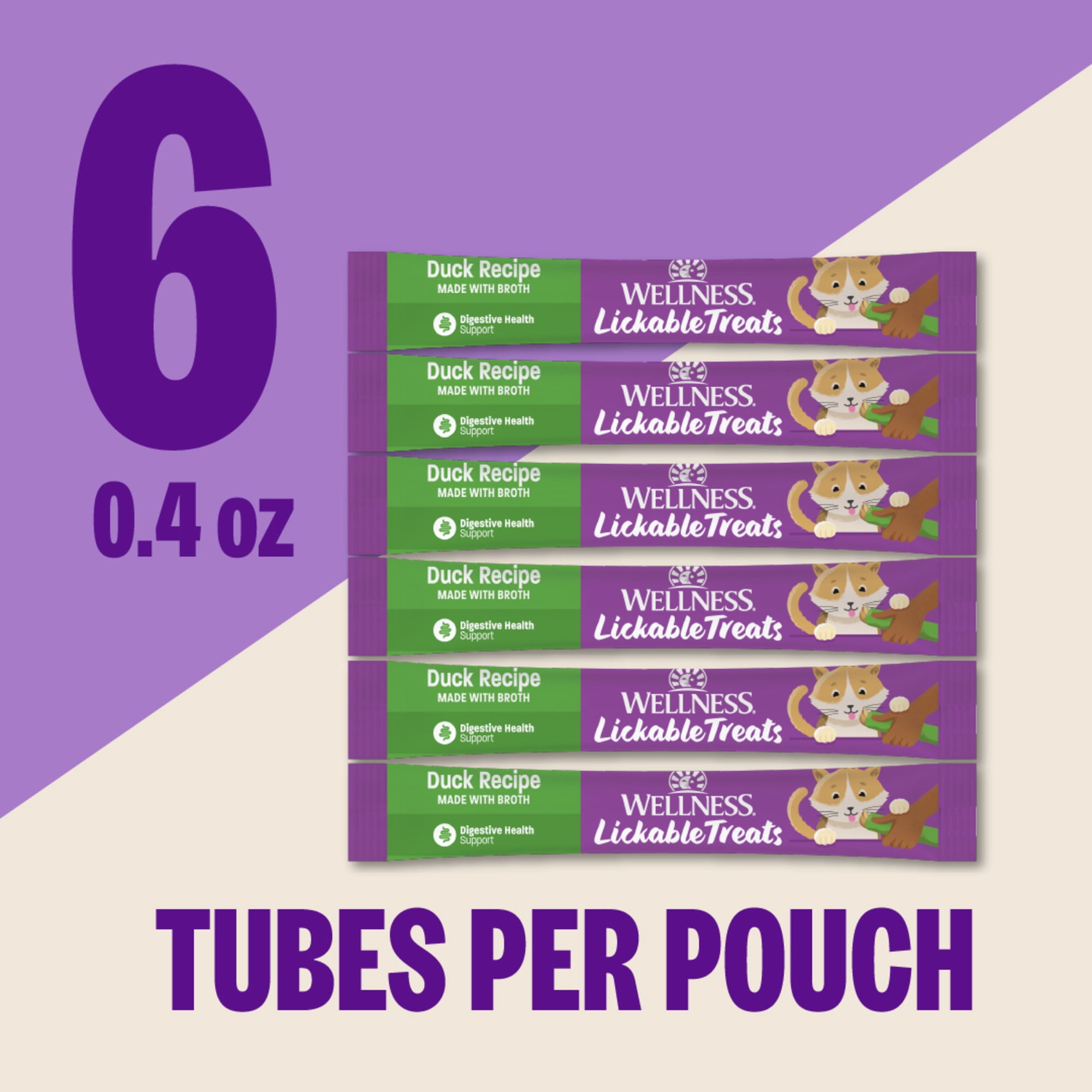 Wellness Lickable Soft Puree Cat Treats, All Lifestages, Kitten to Senior, Natural, Grain Free, Duck Flavor, 0.4 oz, Pack of 6 Tubes
