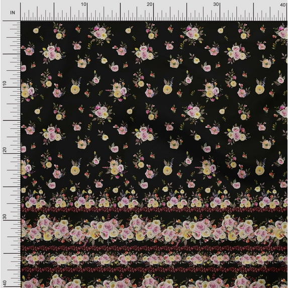 Soimoi Black Polyester Crepe Fabric Floral Panel Printed Craft Fabric by The Yard 52 Inch Wide