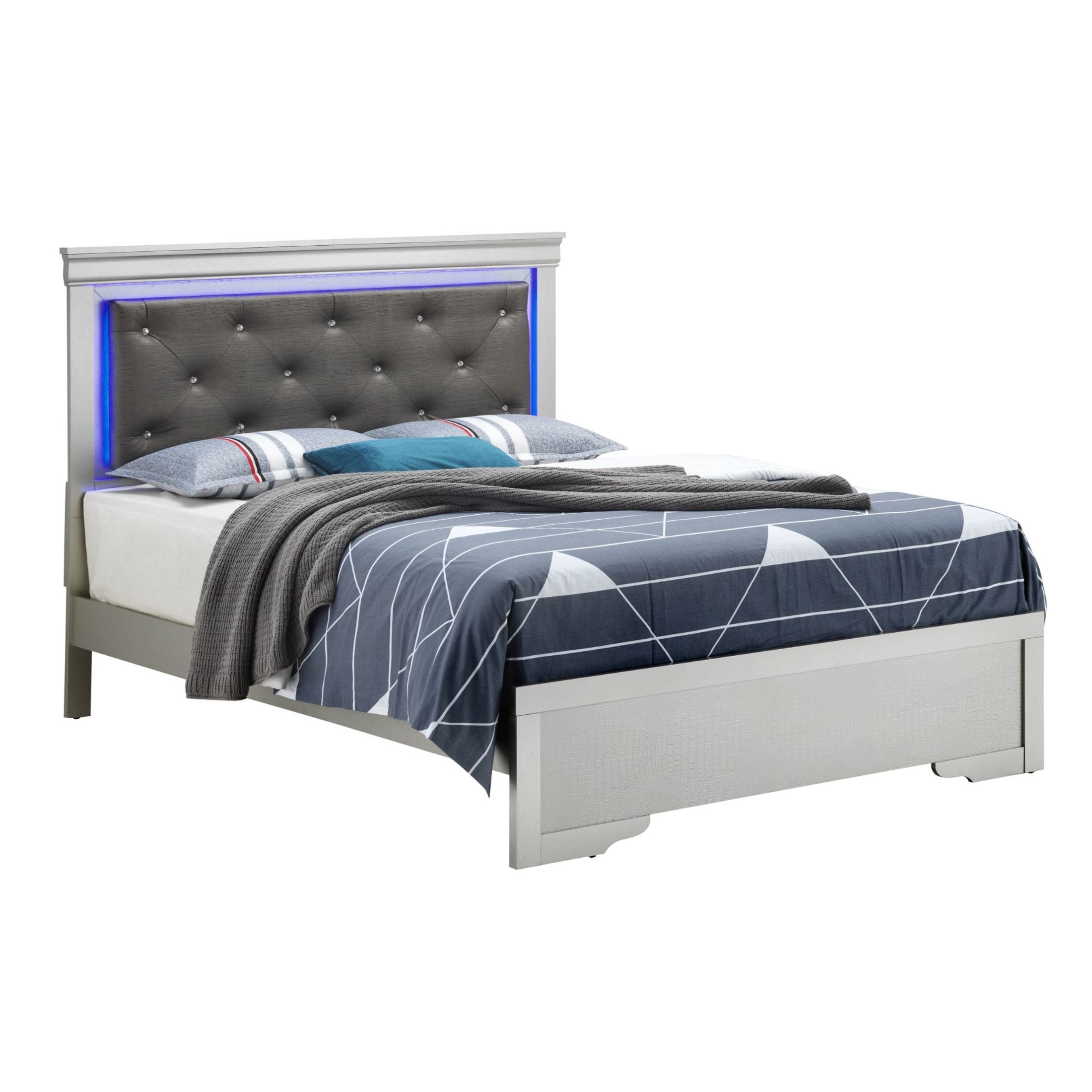 Noble House Transitional Queen Bed with LED Headboard, Jeweled Tufted Leather, Silver Champagne