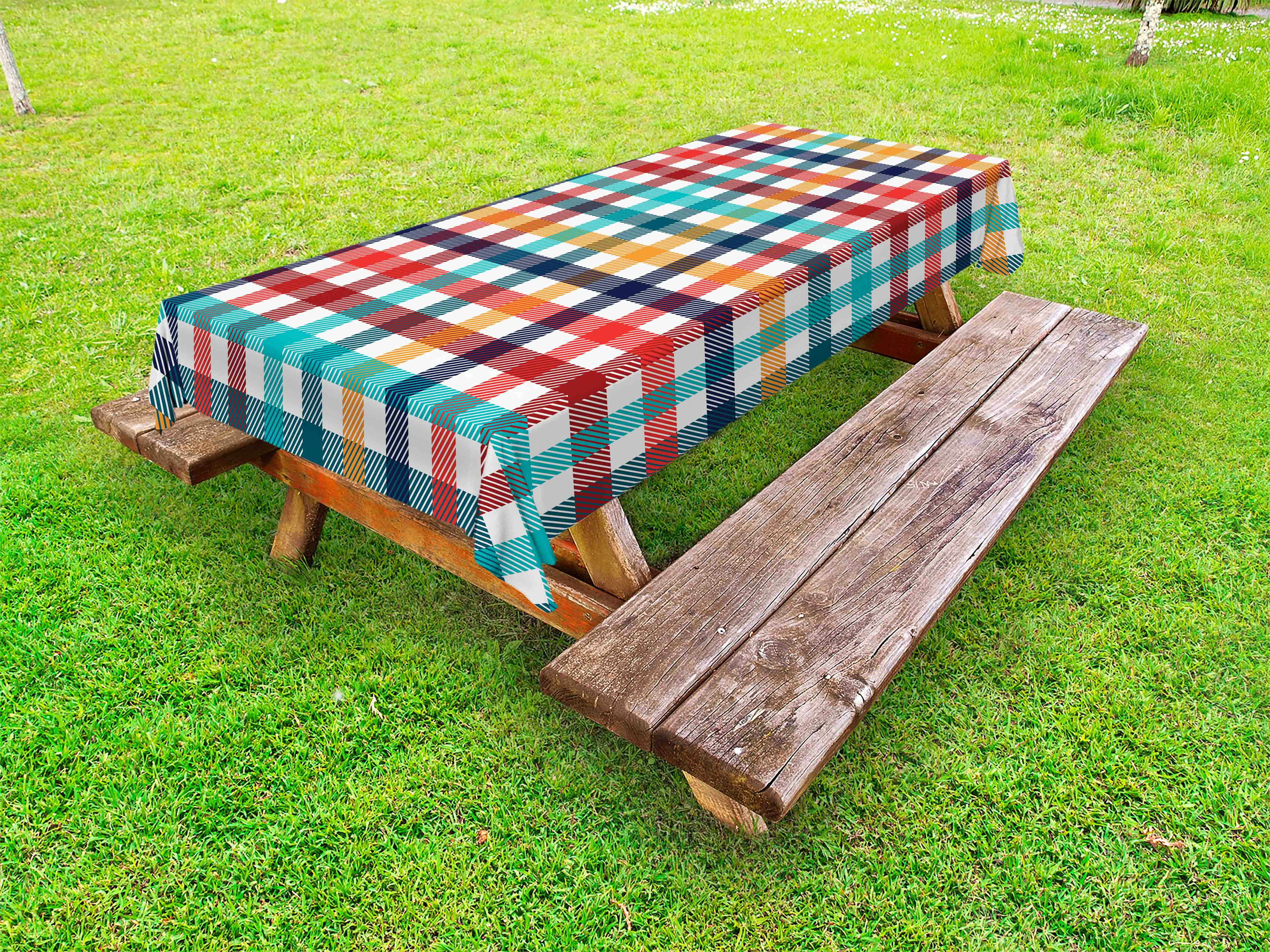 Checkered Outdoor Tablecloth, Colorful Fresh Summertime Pattern Design Gingham Plaid Striped